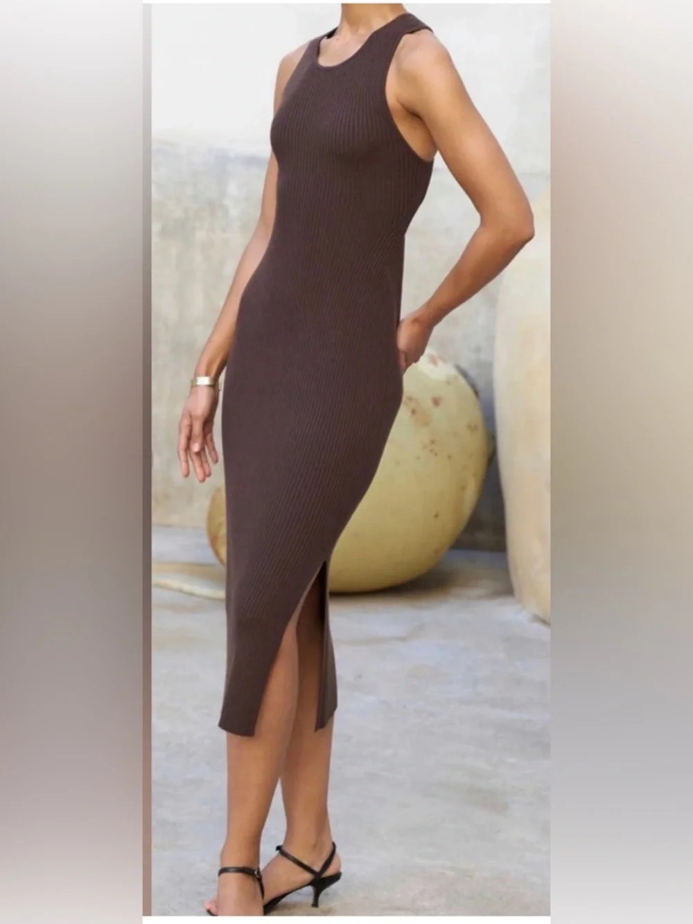 AYR Brown Ribbed Cross-Back Midi Dress - Picture 3 of 7